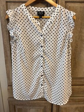 ECI Black & White Polka Dot Ruffle Sleeve Button-Front Blouse